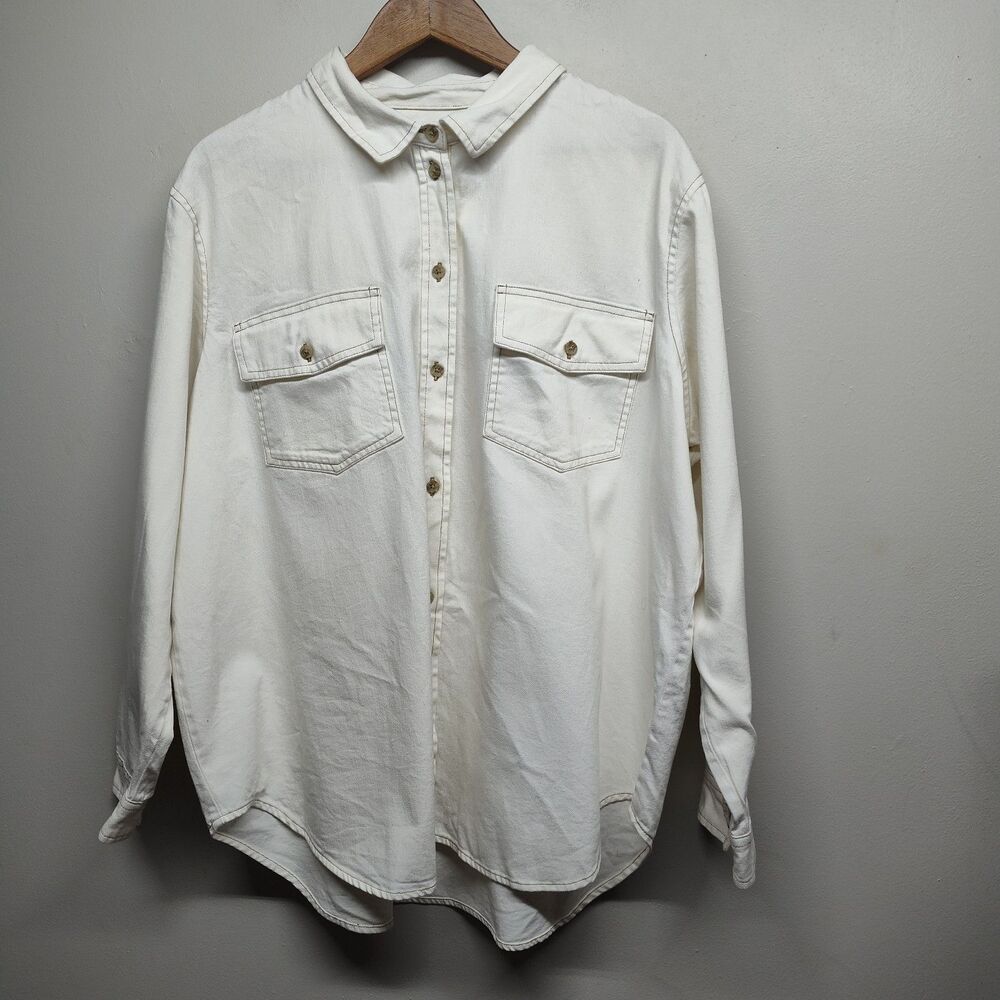 American Eagle Shacket Women Size XL White Button Down Cotton Fall Casual